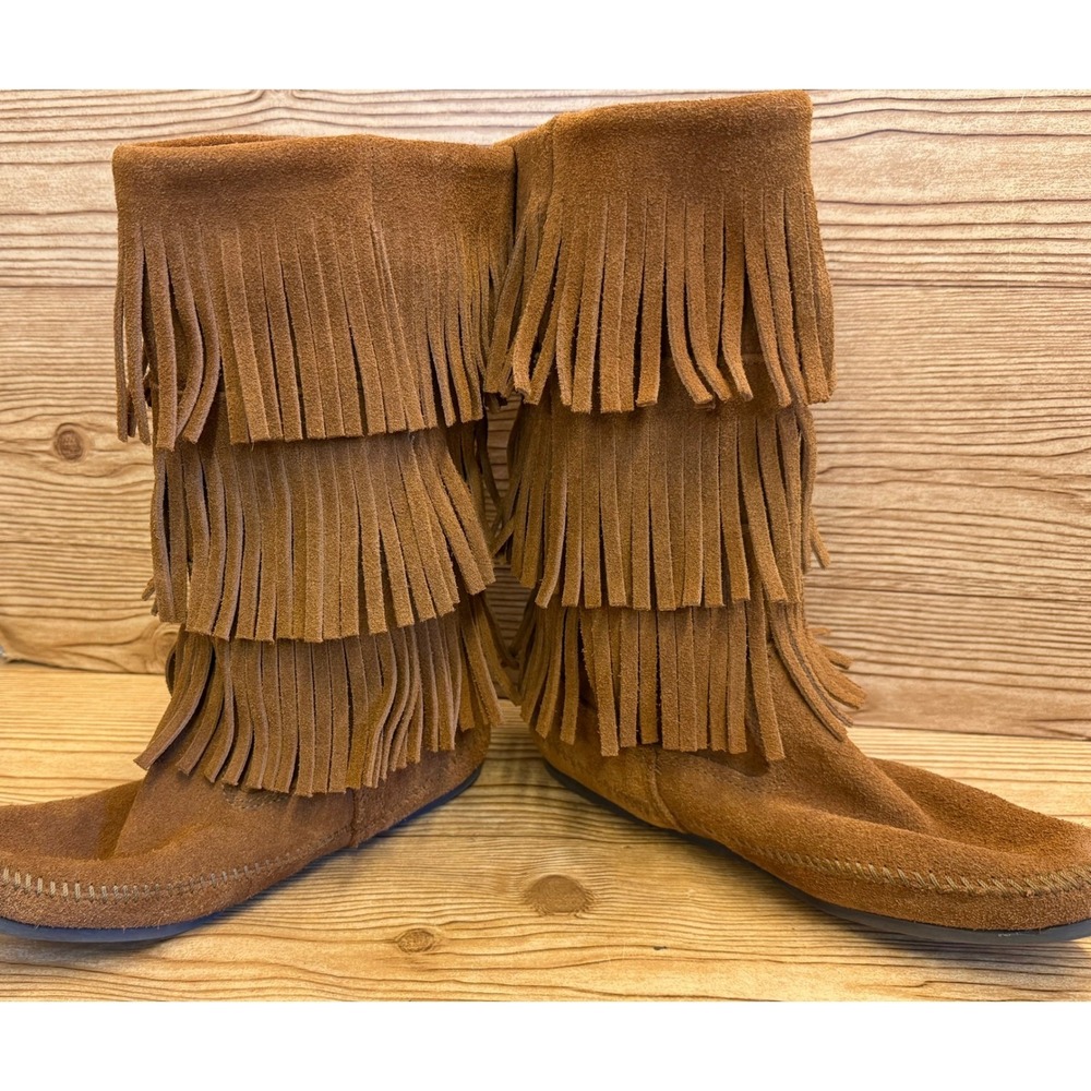 Minnetonka Women's Brown Suede Leather Fringe Knee High Moccasin Boots Sz 10 - Picture 6 of 11